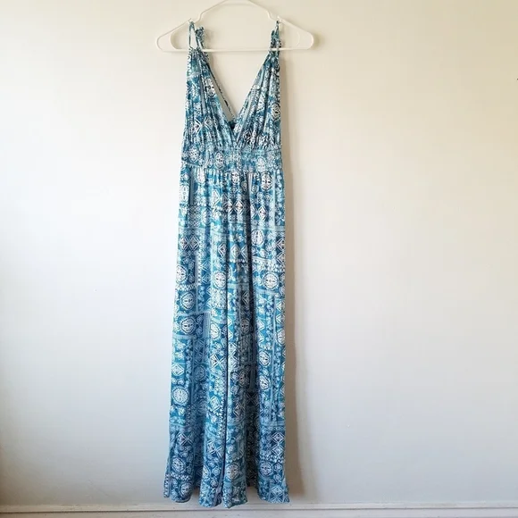 Aakaa Pants Jumpsuits Aakaa Blue White Floral Tie Shoulder
